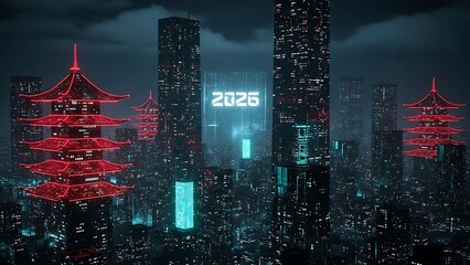 Futuristic Cityscape with Year 2025 and Japanese Style Pagodas
