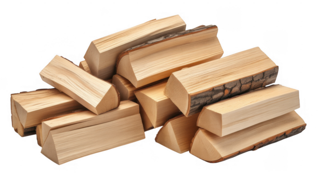 Stack of cut logs with visible wood grain and bark texture isolated on a transparent background