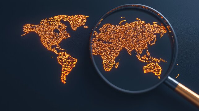 Magnifying Glass  Focus  Investment concept Magnifying glass over a glowing map of the world.