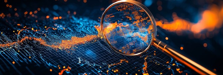 Magnifying Glass  Focus  Investment concept Shimmering mesh strainer with colorful bokeh background.