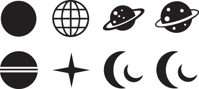 Collection of black icons representing celestial bodies and space objects