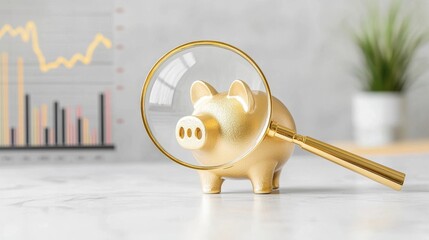 Magnifying Glass  Focus  Investment concept Golden piggy bank with magnifying glass and graphs background.