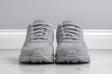 Minimalist sports shoes in soft gray shades designed for comfort and style in an urban setting. Quitters Day