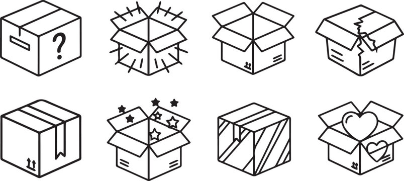 Set of eight line art icons representing different types of boxes