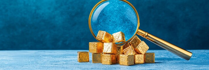 Magnifying Glass  Focus  Investment concept Magnifying glass over gold cubes on a blue background.
