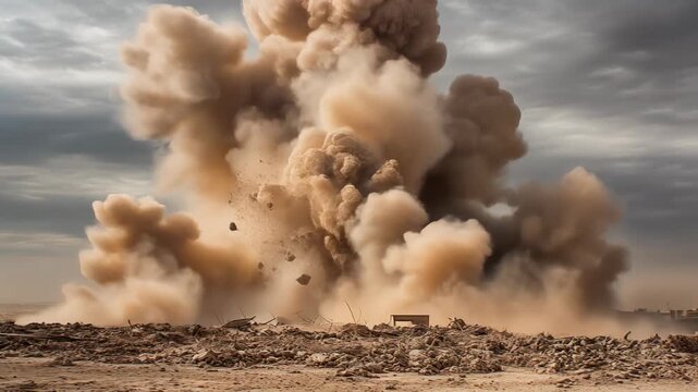 Dramatic explosion cloud rising over destroyed landscape, showcasing the impact of conflict and destruction