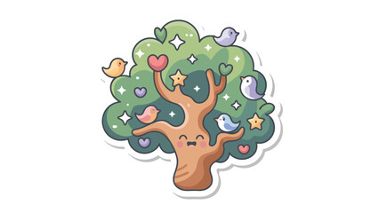 Whimsical Tree and Birds: A charming illustration featuring a smiling tree adorned with hearts, stars, and cheerful birds, radiating joy and positivity.