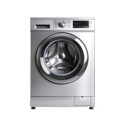 Metallic front-load washing machine with digital display on black backdrop