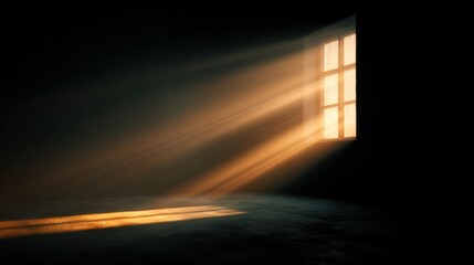 Soft golden sunlight rays shining through window in dark empty room creating dramatic atmospheric lighting and peaceful warm illumination effect on white background