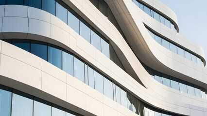 Detail of a modern white architectural facade featuring smooth, wavy horizontal lines and large blue-tinted glass windows
