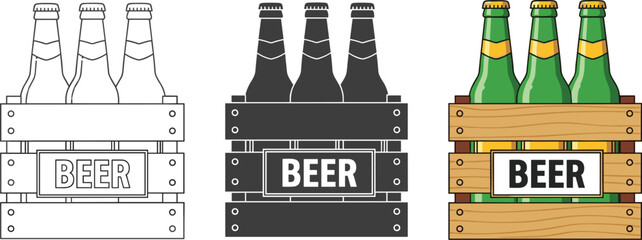 Three beer bottles in a wooden crate, shown in three different styles outline, silhouette, and full color isolated on white background