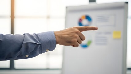 Close up of a businessman's hand pointing index finger at a financial pie chart diagram on a presentation flipchart in an office setting
