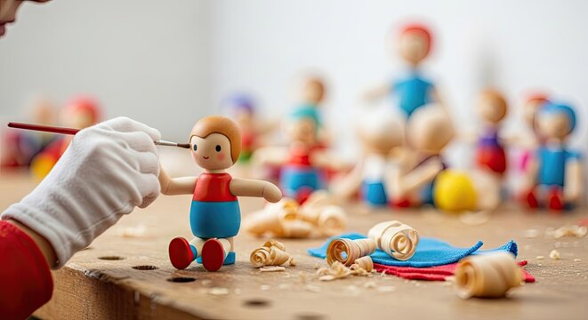 Artisan painting handmade wooden toy, evoking traditional Christmas craftsmanship, festive