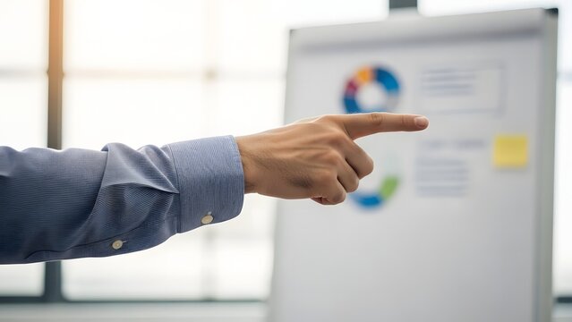 Close up of a businessman's hand pointing index finger at a financial pie chart diagram on a presentation flipchart in an office setting