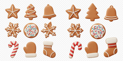 A collection of festive gingerbread cookies in various Christmas shapes, decorated with white icing and colorful sprinkles, on a transparent background.