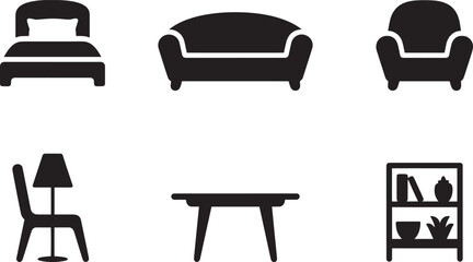 Furniture icons set bedroom sofa armchair chair table shelf home interior elements silhouette