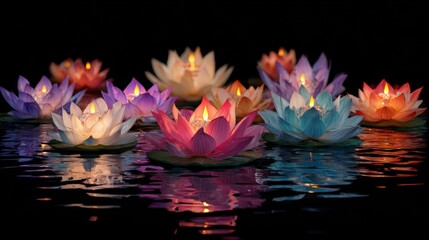 Colorful illuminated lotus candle lamps floating on calm water surface creating serene spiritual atmosphere with glowing reflections and peaceful ambiance on white background
