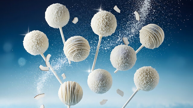 Delicious white chocolate cake pops with sprinkles on sticks.