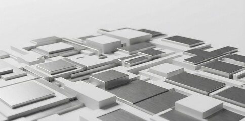 Futuristic white technological background featuring geometric circuit board city structures and sleek blocks ideal for digital transformation concepts and modern computing business presentations