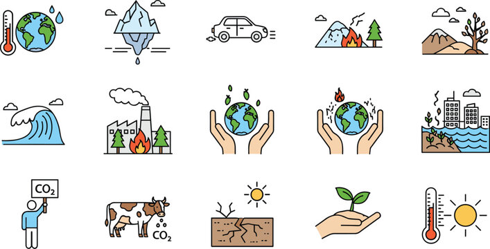 Global warming and climate change vector icons set collection of environmental problems, pollution, greenhouse effect and natural disasters isolated
