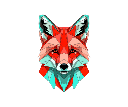 Geometric fox head illustration with vibrant colors isolated on transparent background - Powered by Adobe