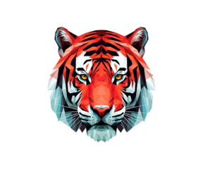 Close up of a fierce tiger face with vibrant colors isolated on transparent background