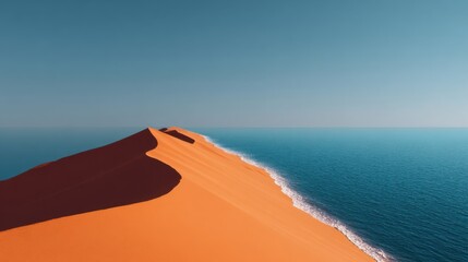 Vast golden desert dunes dramatically meeting bright turquoise ocean shoreline creating surreal contrasting landscape scenery on white background