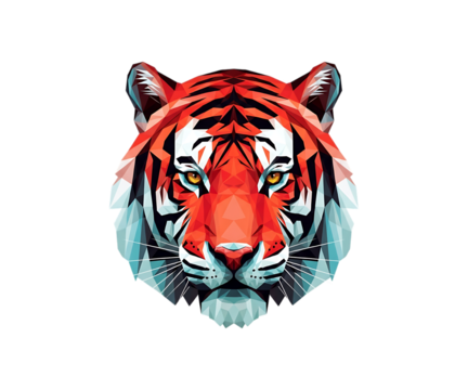 Close up of a fierce tiger face with vibrant colors isolated on transparent background