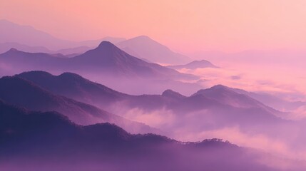 Dreamy pastel purple mountain layers fading into soft mist creating ethereal tranquil atmospheric sunrise landscape scenery on white background