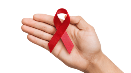 Hand Holding Red Ribbon: AIDS Awareness Symbol on White