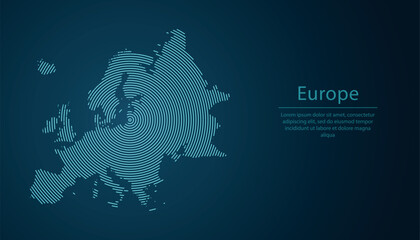 Abstract glowing circular map of Europe with digital blue contour lines