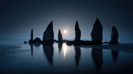 Mystical moonlit coastal rock formations rising from calm reflective water creating dramatic silhouettes in serene night landscape scenery on white background