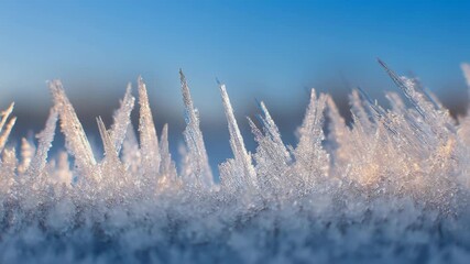 Stunning close-up of sparkling frost crystals against a blue sky, capturing nature's winter beauty - Powered by Adobe