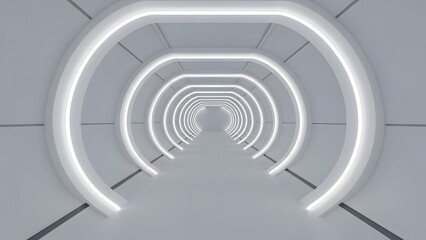 Obraz premium Abstract 3D render of a futuristic, clean white oval tunnel or corridor with symmetrical neon lights and infinity perspective for science fiction concept