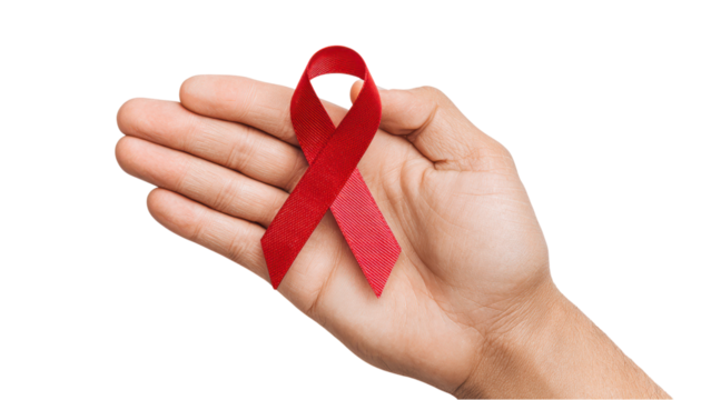 Hand Holding Red Ribbon: AIDS Awareness Symbol on White