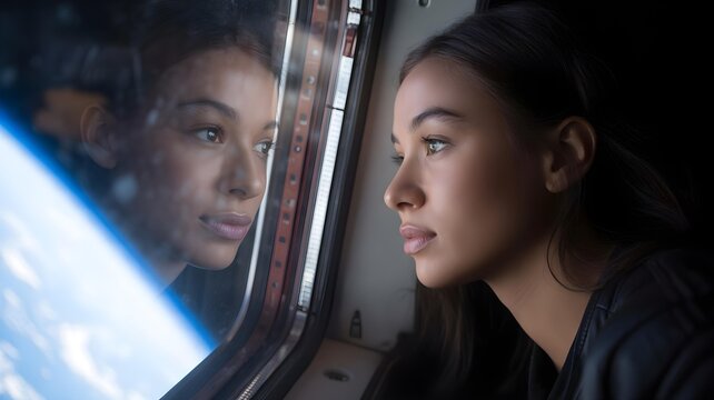 A close-up portrait of a young female space tourist looking out a spaceship window, her face illuminated by the blue light of Earth.