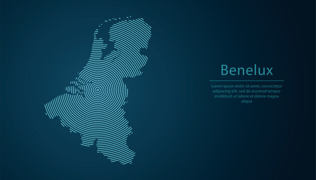 Benelux region map formed with glowing concentric digital lines