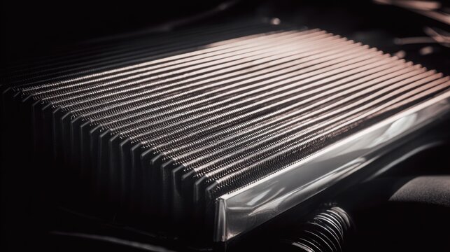 intercooler with blocked airflow contrasted against a clean one, soft cool lighting, minimalistic garage environment, sharp metallic reflections
