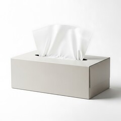 Soft white facial tissues emerging from a light gray tissue box