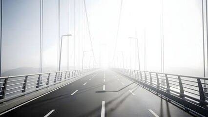 Wide shot of a clean suspension bridge road ascending steeply into bright white fog or sunlight, with strong vertical cables and railing in the foreground