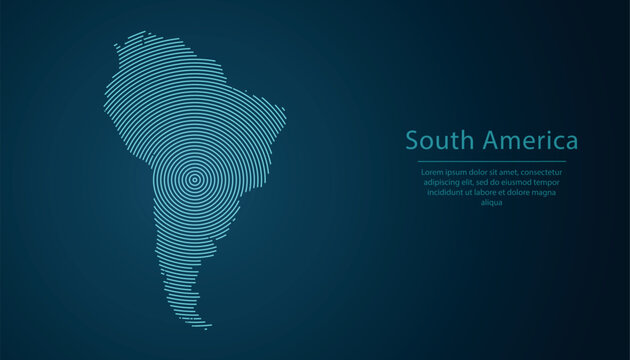 South America map with glowing circular neon blue digital line design