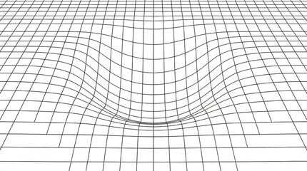 Digital wireframe grid distorted by a central gravity well depicting spacetime curvature or heavy mass impact suitable for physics education materials and scientific visualization