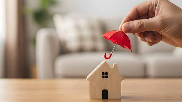 Conceptual image of a hand holding a small red umbrella over a miniature wooden house model to symbolize home insurance, property safety, and real estate protection - Powered by Adobe