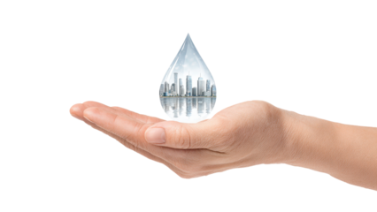 Water Drop with Cityscape Reflection Held in Hand