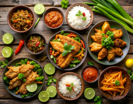 Top-down shot of Indonesian pecel ayam with crispy chicken, sambal, and fresh vegetables on rustic wood, showcasing rich local flavors for food ads and culinary projects.