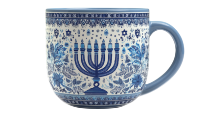 Beautiful ceramic mug decorated with intricate blue Hanukkah menorah floral patterns creating festive traditional Judaic artistic seasonal celebration design element on white background
