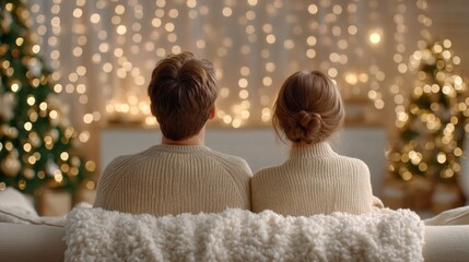 A couple sits close together on a couch, dressed in soft, warm sweaters. Twinkling lights and decorated Christmas trees create a magical atmosphere, perfect for a cozy evening
