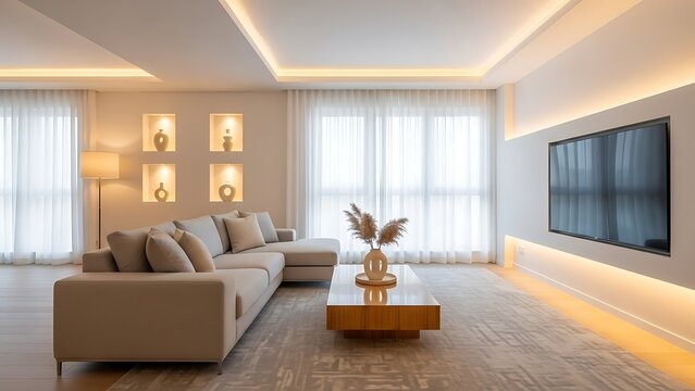 Luxurious living room design featuring indirect LED strip lighting, a comfortable beige sofa, and minimalist decor for a modern home interior