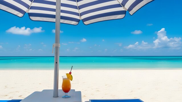 Tropical vacation scene with a refreshing cocktail glass on a white table under a blue and white striped umbrella facing a pristine turquoise beach and ocean