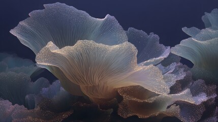 Fototapeta premium Abstract fantasy glowing mushroom gills background with golden particles and bioluminescent texture